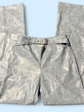 Tiger Mist Metallic Silver Croc-Embossed Wide-Leg Pants with Studded Belt